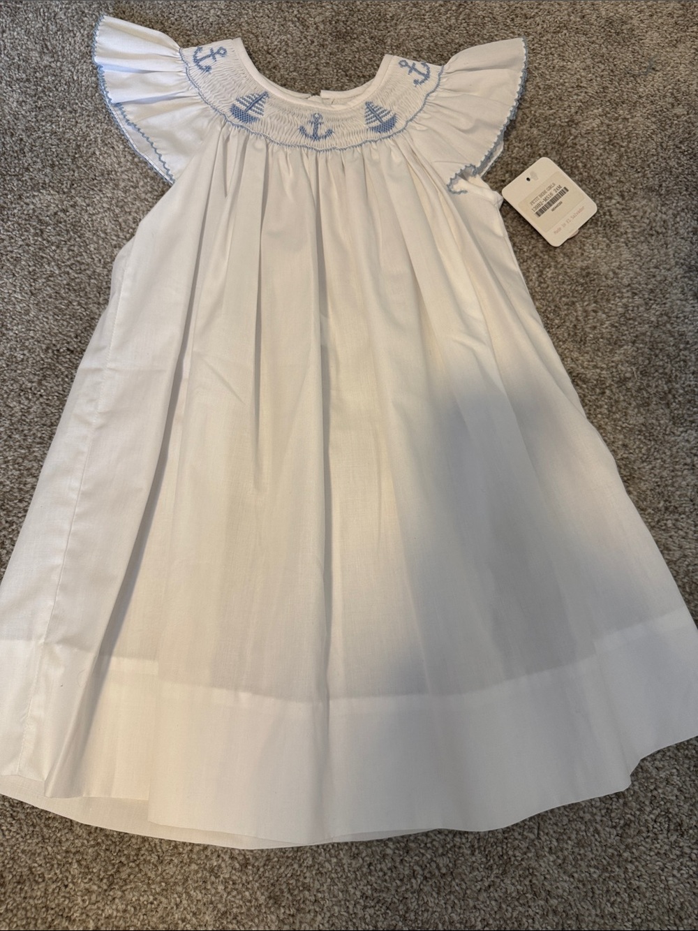 White Girls' Smocked Nautical Dress with Blue Embroidery